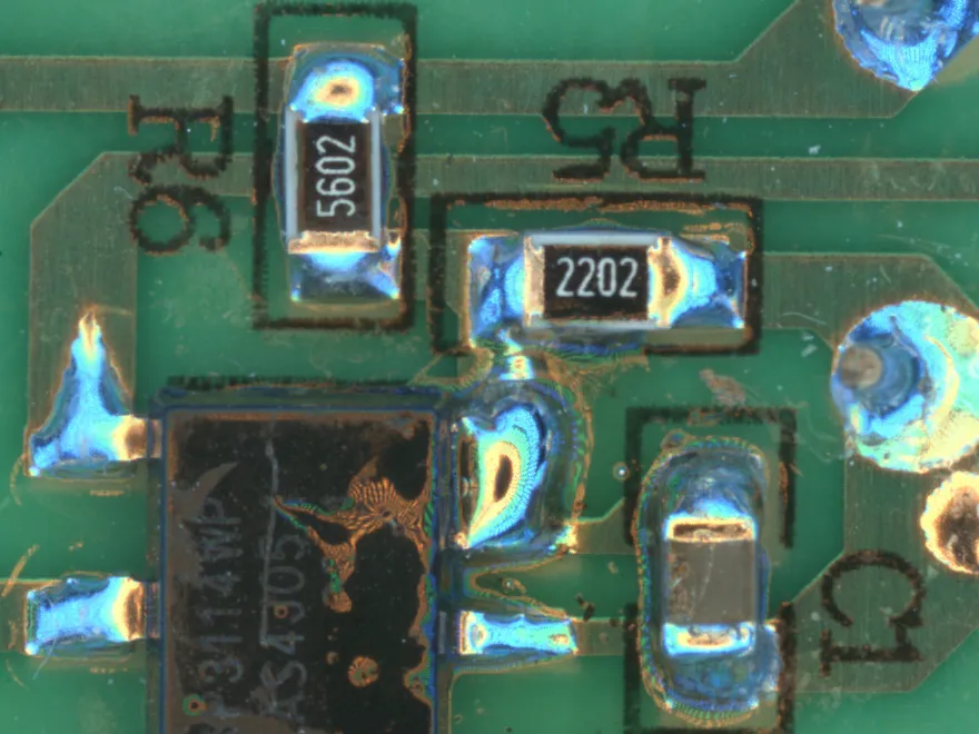 AOI defect example: Bridge (Through-Hole Solder Bridging)
