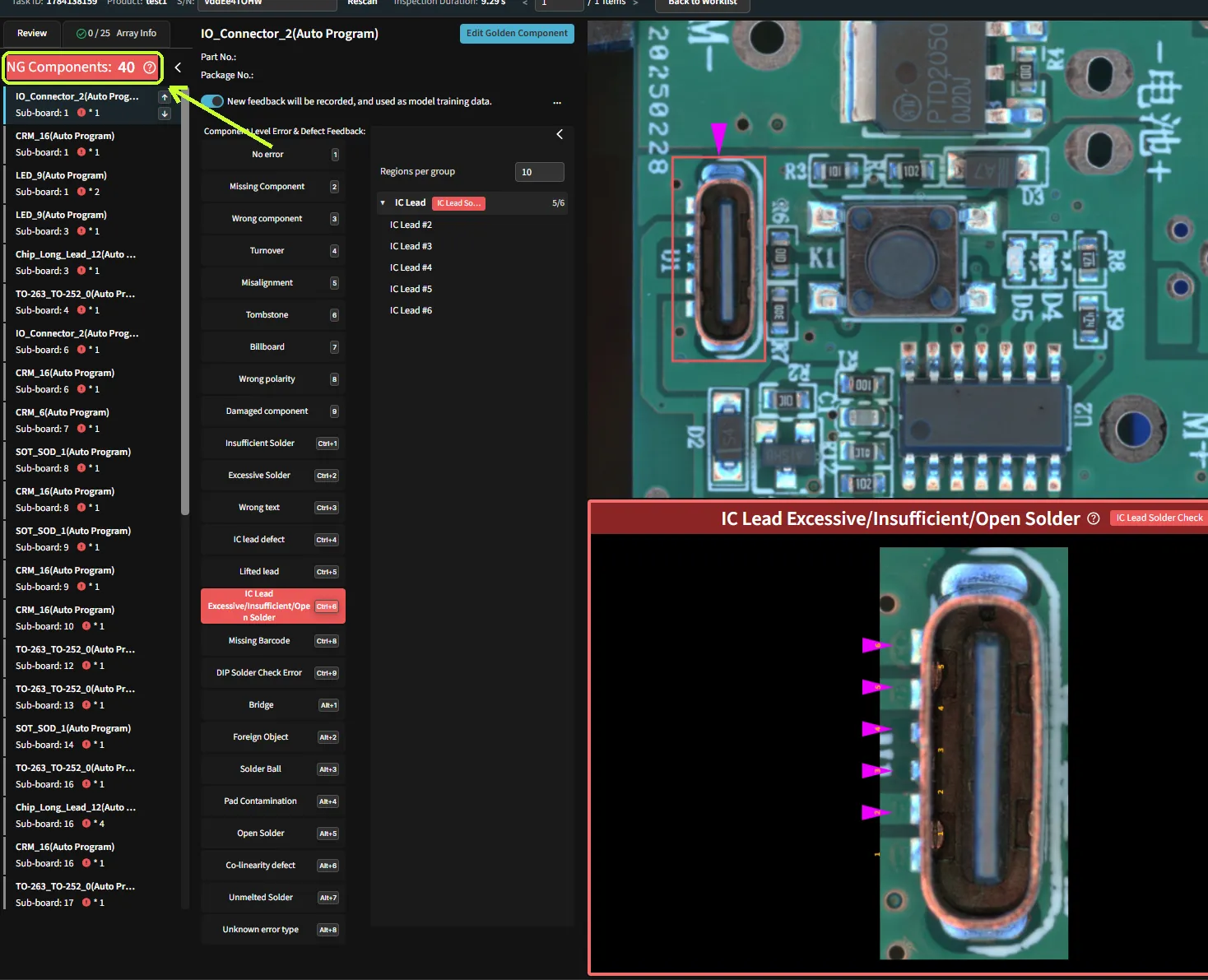 Inspection 01 result screen, NG Components: 40, with the recorded alert list.